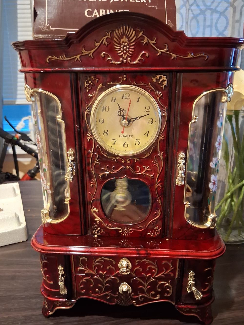 Ornate Red Vintage-Style Jewelry Cabinet Clock